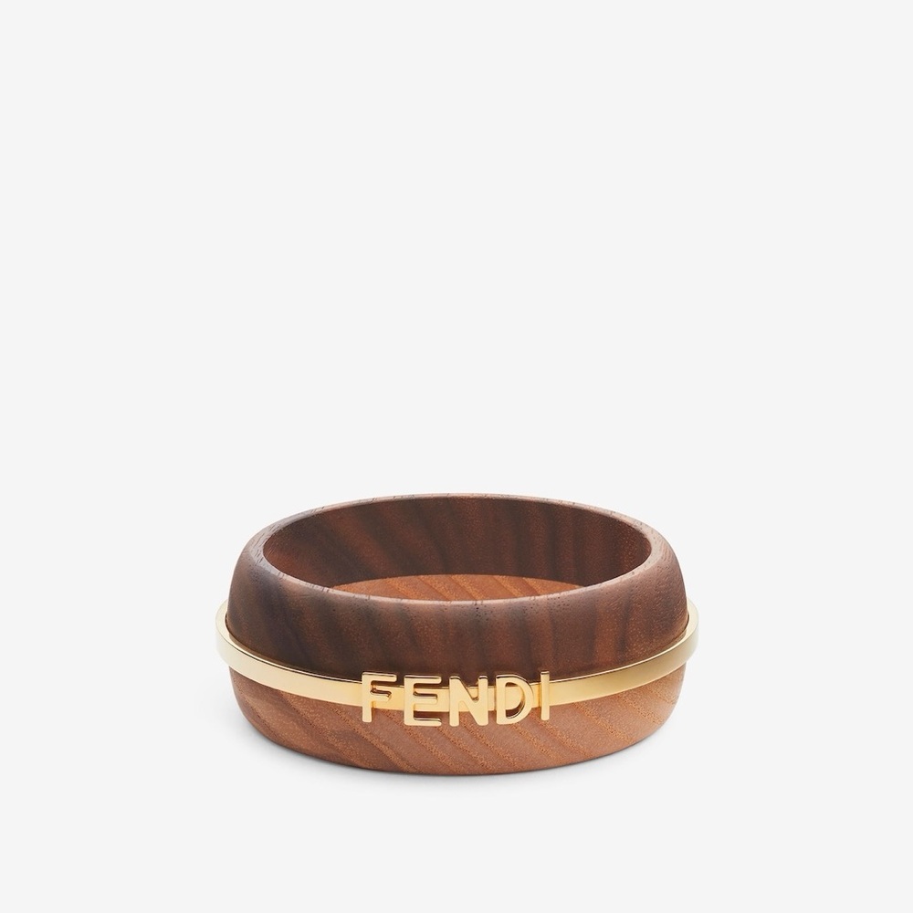 FENDI Fendigraphy Bracelet Made of wood with brown & beige Pequin stripes Gold - Picture 2 of 5